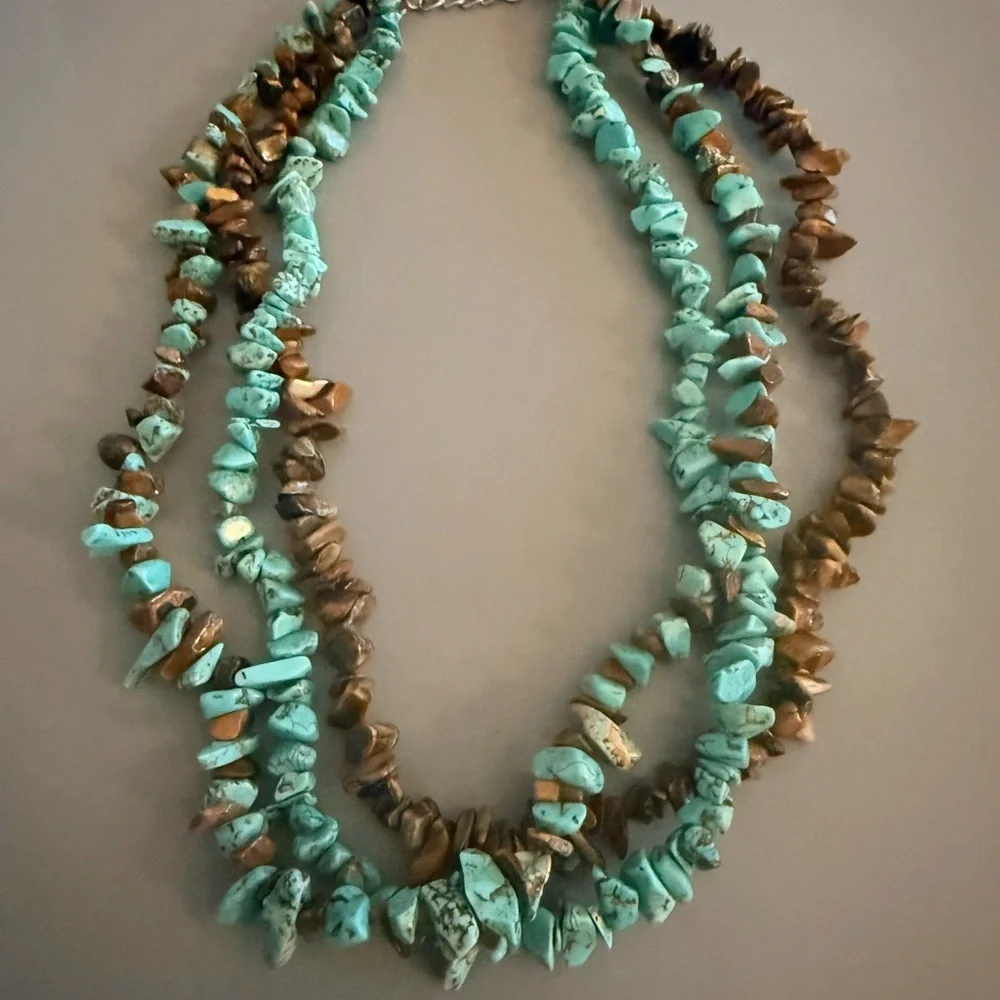 Turquoise and Tiger Eye BOHO Triple Strand Necklace 18 Inches